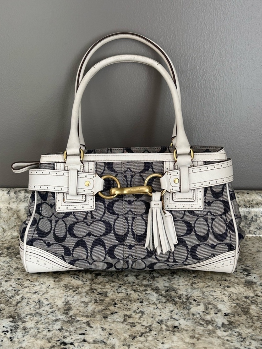 Coach Signature Rare Denim Collection Optic Blue White Hampton Satchel Handbag